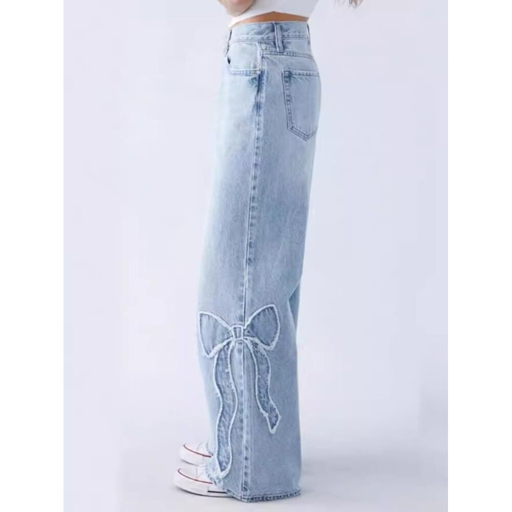 Women's High Rise Straight Leg Denim Jeans Recycled Fiber Embroidery - Picture 3 of 6
